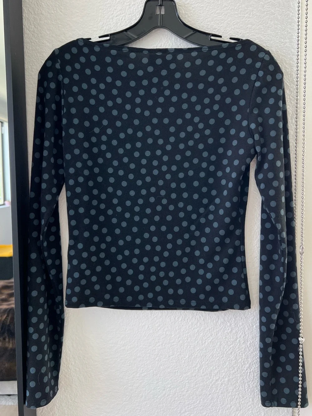 Reformation Wiley Knit Black Long-Sleeve Dot Top with  Blue Polka Dots - Size S